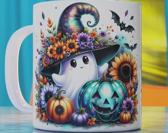 May include: White ceramic mug with a colorful illustration of a ghost wearing a witch hat with a teal pumpkin and other fall foliage.