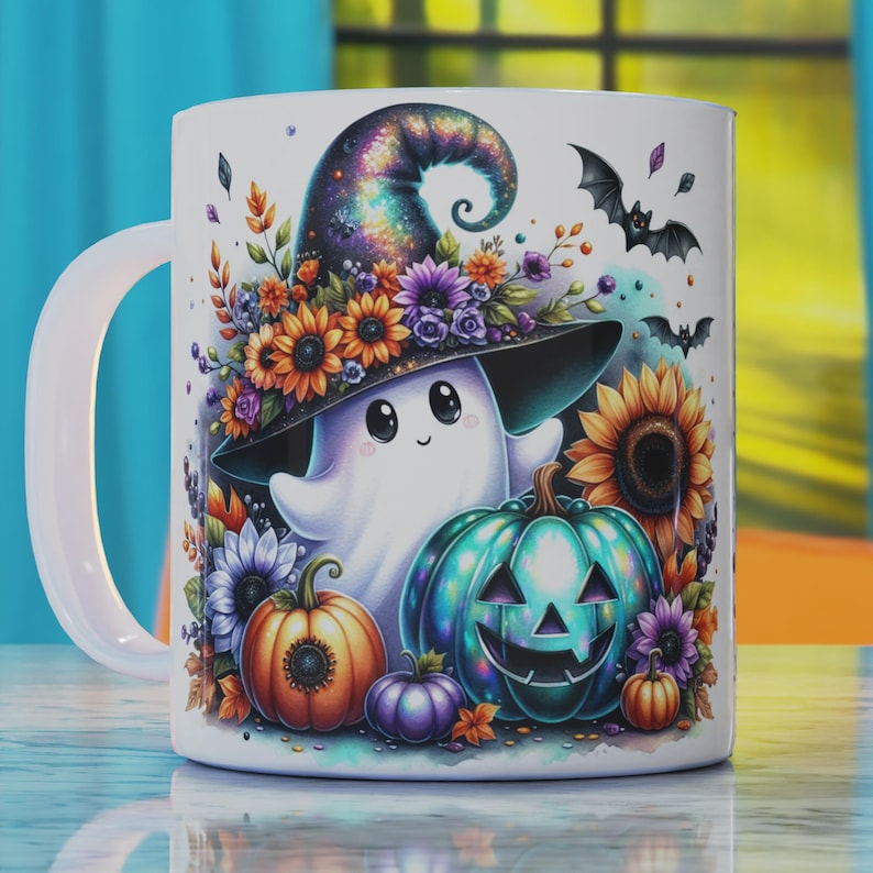 Pu&ograve; includere: Tazza in ceramica bianca con un'illustrazione colorata di un fantasma che indossa un cappello da strega con una zucca turchese e altre foglie autunnali.
