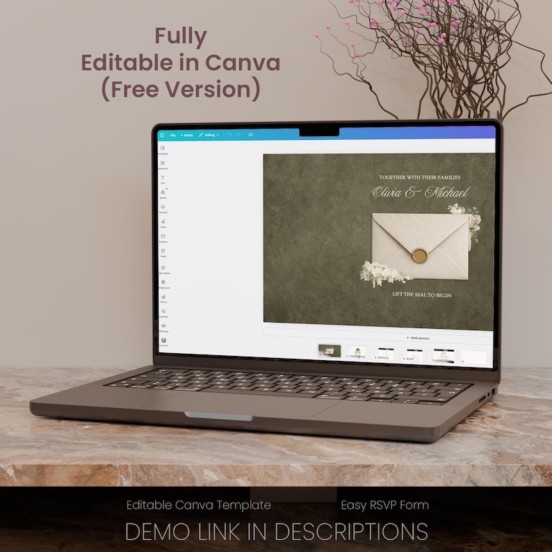 May include: A laptop displays a wedding invitation template with the text "Olivia & Michael" and "Lift the seal to begin." The screen also shows "Fully Editable in Canva (Free Version)" and "Demo link in descriptions."