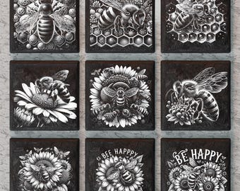 May include: Nine black and white square tiles with a bee theme. Each tile features a different bee design, including bees in flight, bees on honeycomb, and bees on sunflowers. The tiles have a textured surface and a black border.