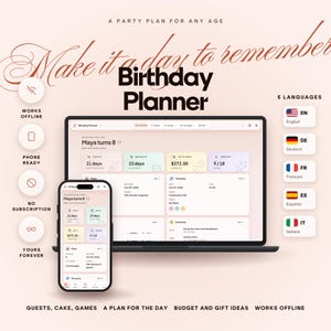 Op de afbeelding: Een digitale verjaardagsplanner weergegeven op een laptop- en smartphonescherm. De interface bevat pastelkleurige widgets voor aftellingen, budgetbeheer en gastenlijsten. Tekst bevat "A party plan for any age" en "Birthday Planner".