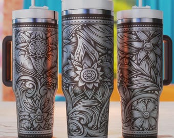 Western Tumbler Svg, Tooled Leather 40oz Tumbler Wrap, 40oz Tumbler Laser Svg, 40oz Tumbler Engraved Design, Laser Engraving Svg