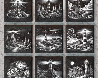 Lighthouse Slate Coaster Laser Engraving PNG Bundle