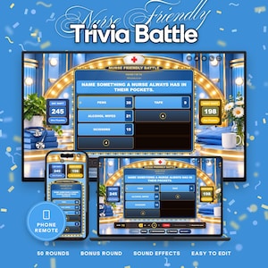 May include: A digital trivia game titled Nurse Friendly Trivia Battle displayed on a computer monitor and a smartphone screen. The game interface features a blue background with a question about items in a nurse's pocket, scoreboards, and game controls.