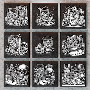 Può includere: Nove illustrazioni in bianco e nero di un bicchiere di whisky con cubetti di ghiaccio e dadi. Ogni illustrazione ha un design diverso, tra cui teschi, carte da gioco e una fetta di limone.