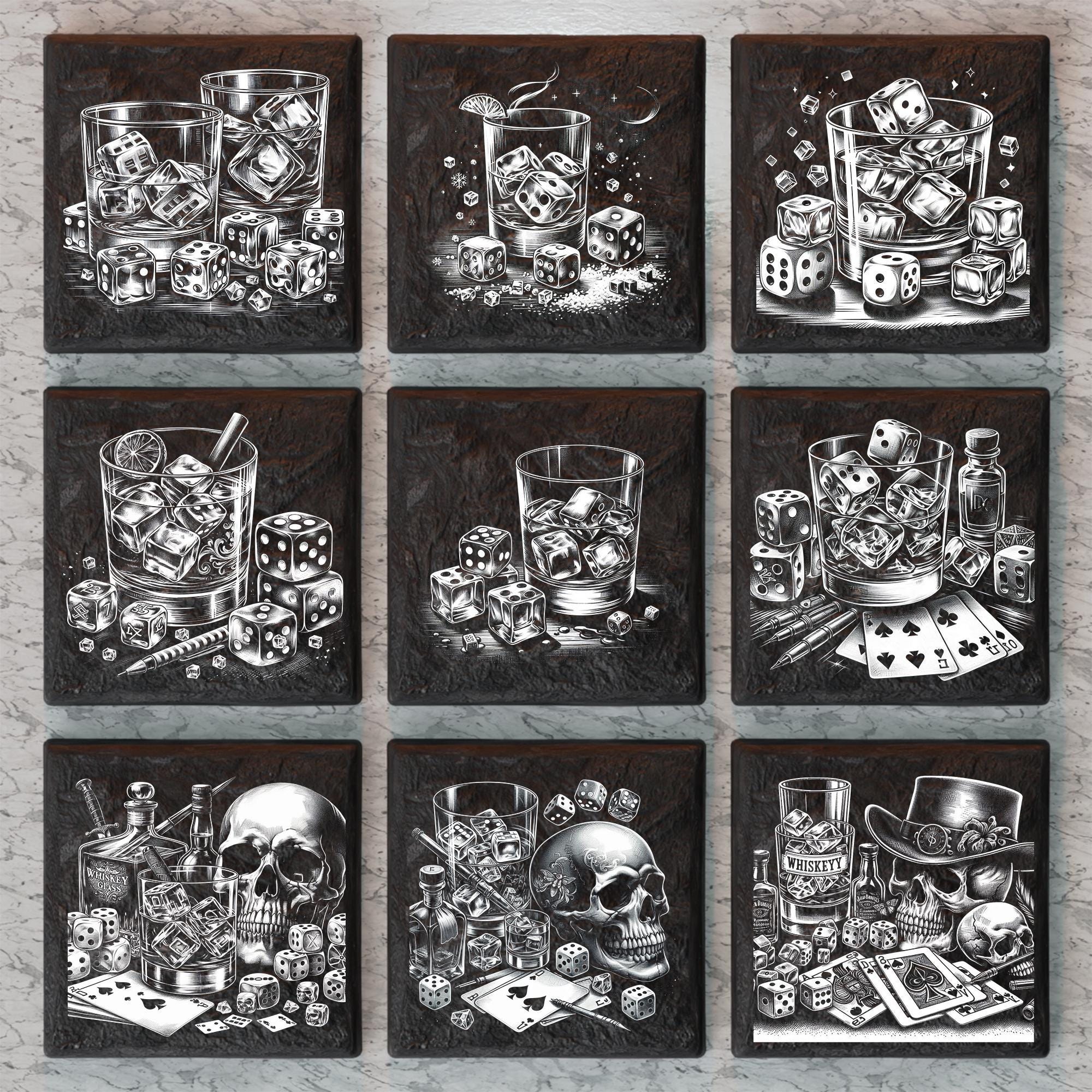 Whiskey Glass Slate Coaster PNG, Slate Tiles Laser Engraving Design, Laser Ready Bundle