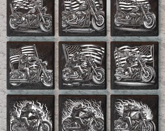 Motorcycle Rider Slate Coaster PNG, Chopper Slate Tiles Laser Engraving Design, Laser Etching Files