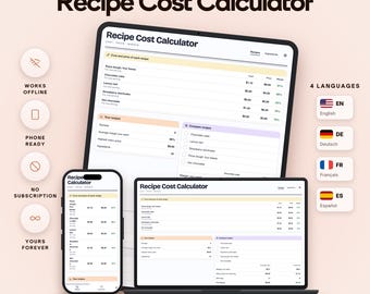 Recipe Cost Calculator with Cost per Serving, Menu Price, Margin and Ingredient Breakdown