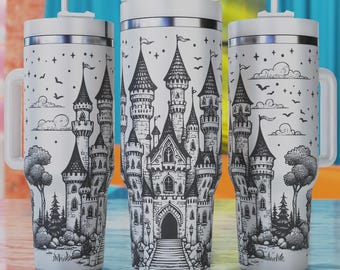 Vaso de castillo de cuento de hadas SVG, envoltura para vaso de 40 oz con castillo mágico, vaso de 40 oz SVG láser, diseño grabado para vaso de 40 oz, SVG grabado láser
