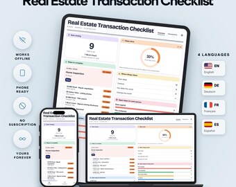 Real Estate Transaction Checklist with Closing Countdown, Steps by Person, Key Dates, Progress Ring