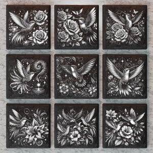 May include: Nine black and white square tiles featuring intricate floral designs and hummingbirds. Each tile showcases a unique hummingbird pose and floral arrangement.