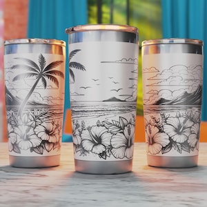 May include: Three stainless steel tumblers with a white background and black tropical beach scene design. The design features palm trees, ocean waves, mountains, and hibiscus flowers.