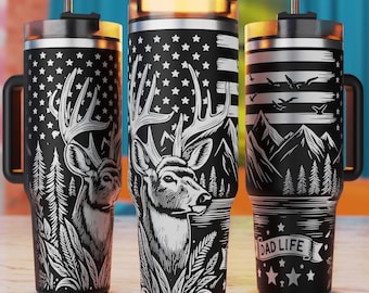 Capa para copo térmico de 1,18 litro (40 oz) com tema de caça ao veado e estampa da bandeira americana em formato SVG (download digital)