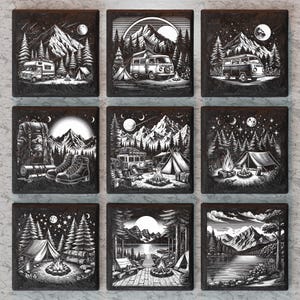 May include: Nine black and white illustrations of camping scenes. Each illustration features a different scene, including a van, a tent, a campfire, and a starry night sky.