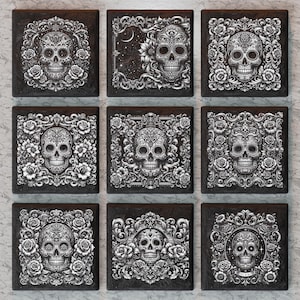 May include: Set of nine black square coasters with white sugar skull designs. Each coaster features a different ornate floral pattern and a sugar skull with intricate details.