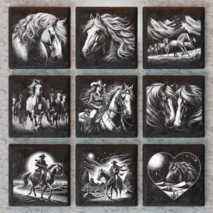 May include: A set of nine black and white square coasters featuring various images of horses. Some coasters feature a single horse, while others feature multiple horses. Some coasters feature a woman riding a horse. Some coasters feature a cowboy riding a horse. Some coasters feature a heart shape with a horse inside.