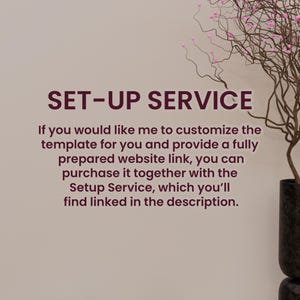 May include: Image with the text "SET-UP SERVICE". The text below explains the service: customization of a template, providing a website link, and purchasing the setup service. A decorative tree with pink flowers is in the background.