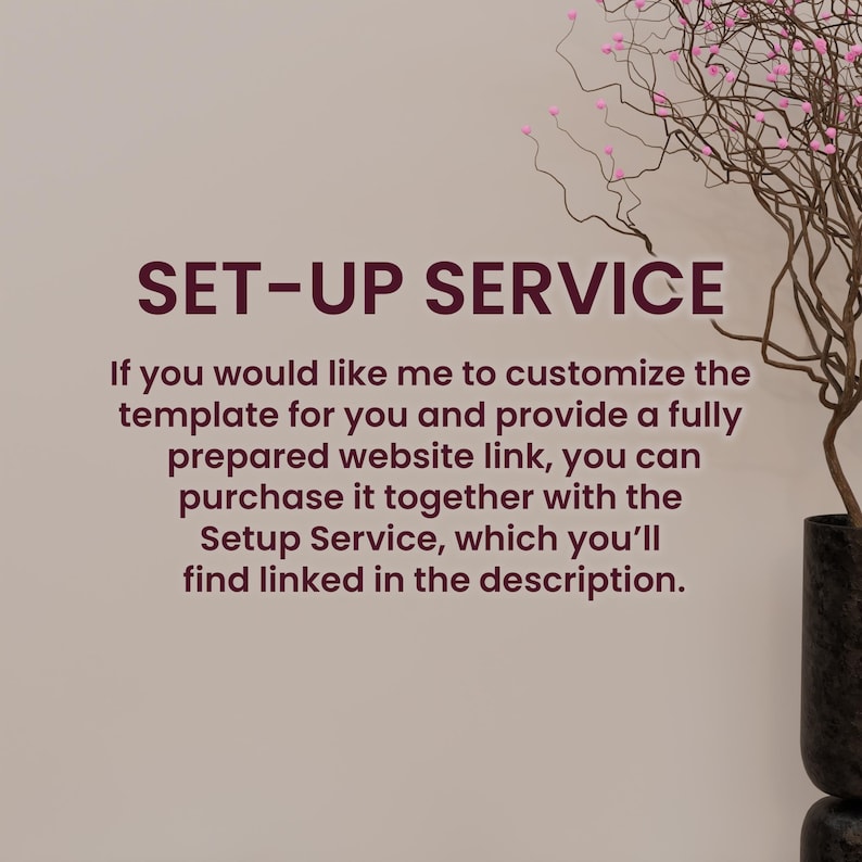 May include: Image with the text "SET-UP SERVICE". The text below explains the service: customization of a template, providing a website link, and purchasing the setup service. A decorative tree with pink flowers is in the background.