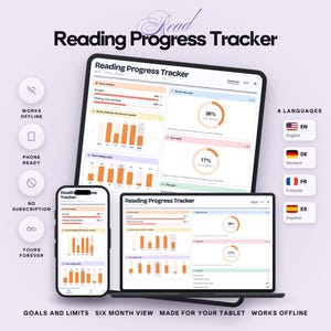 May include: A digital Reading Progress Tracker displayed on a tablet, smartphone, and laptop screen. The interface features charts, progress bars, and circular graphs showing reading statistics. Text includes Reading Progress Tracker, Works Offline, Phone Ready, No Subscription, Yours Forever, Goals and Limits, Six Month View, Made for Your Tablet, and 4 Languages.