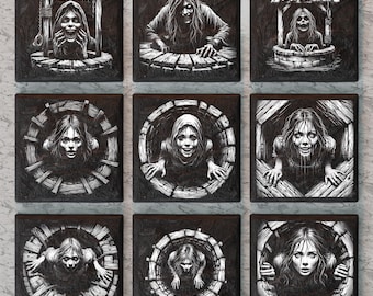 May include: Nine square art prints featuring a black and white illustration of a woman emerging from a well. The woman has long hair and a distressed expression. The well is constructed of wood and stone, with a dark background.
