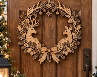 Deers Door Wreath Svg, Wooden Christmas Laser Engraving Cut Files, Winter Holiday Decorations