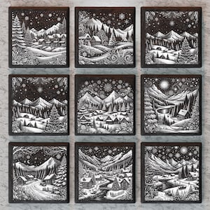 May include: Nine black and white illustrations of snowy winter scenes with houses, trees, and mountains. Each illustration is framed in a black square.
