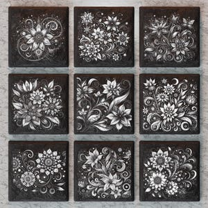 May include: Nine black square tiles with white floral designs. Each tile features intricate patterns of flowers, leaves, and swirls.