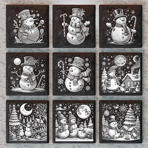 May include: Nine black and white illustrations of snowmen in various winter scenes. The snowmen are wearing hats and scarves and are holding various winter-themed objects, such as candy canes, snowballs, and branches. The scenes include a snowy forest, a winter village, and a starry night sky.