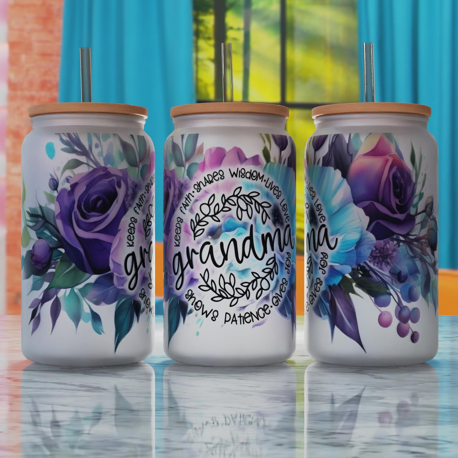 Grandma Floral Glass Can PNG, 16oz Libbey Sublimation Design (digital ...