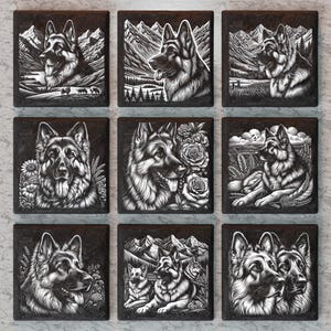 German Shepherd Slate Coaster PNG, Dog Slate Tiles Laser Engraving Design, Laser Etching Files