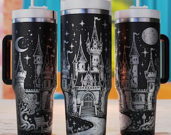 Vaso de castillo de cuento de hadas SVG, envoltura para vaso de 40 oz de Castillo Mágico, vaso de 40 oz SVG láser, diseño grabado para vaso de 40 oz, SVG grabado láser