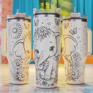 May include: Three white stainless steel tumblers with a black outline design of an elephant with flowers and butterflies. The tumblers have lids and straws.