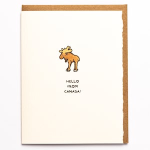 Bonjour du Canada, mignon joyeux orignal, carte de voeux canadienne, papeterie, animal amusant, adorable fabriqué au Canada, vente en gros de Toronto, faune canadienne