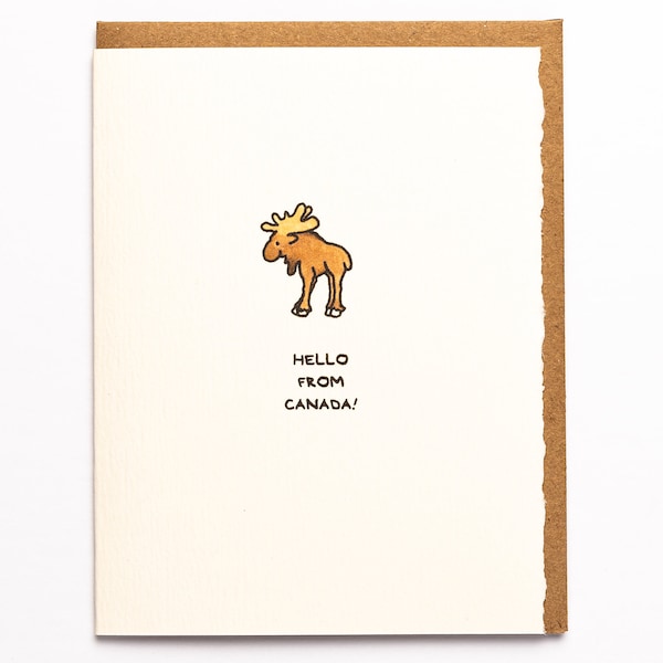 Hello From Canada Cute Happy Moose Canadian Greeting Card Stationery Fun Animal Adorable Made in Canada Toronto Wholesale Canadiana Wildlife