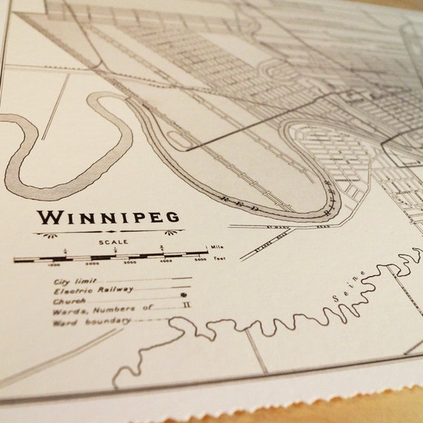 Old map of Winnipeg antique map print on eco bamboo paper Canadian made in Canada souvenir YWG Manitoba prairies central Canada