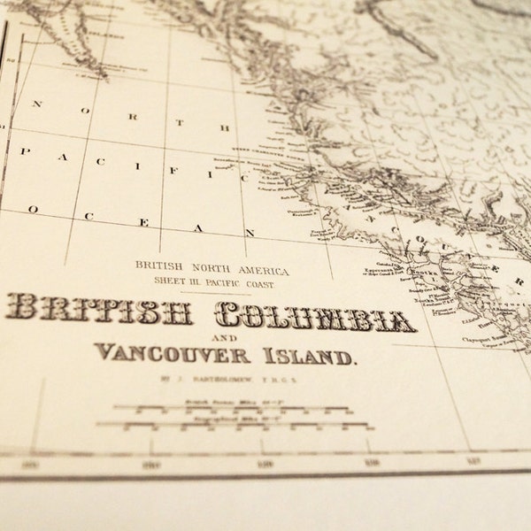 Old Map British Columbia Canada - Carte ancienne Imprimée sur papier Eco Bamboo Vancouver BC Canadien Fabriqué au Canada! Côte Ouest Pacifique Rocheuses de la Colombie-Britannique