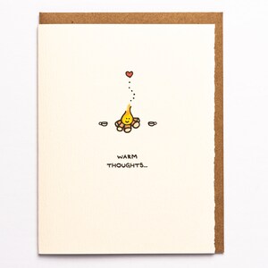 Jolie carte pensées chaleureuses, fabriquée au Canada sur du beau papier, carte de voeux sentiments adorables feu de camp thé confort hygge