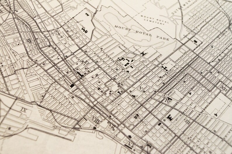 May include: A black and white map of a city showing street names and numbers. The map depicts the area around Mount Royal Park in Montreal, Canada.