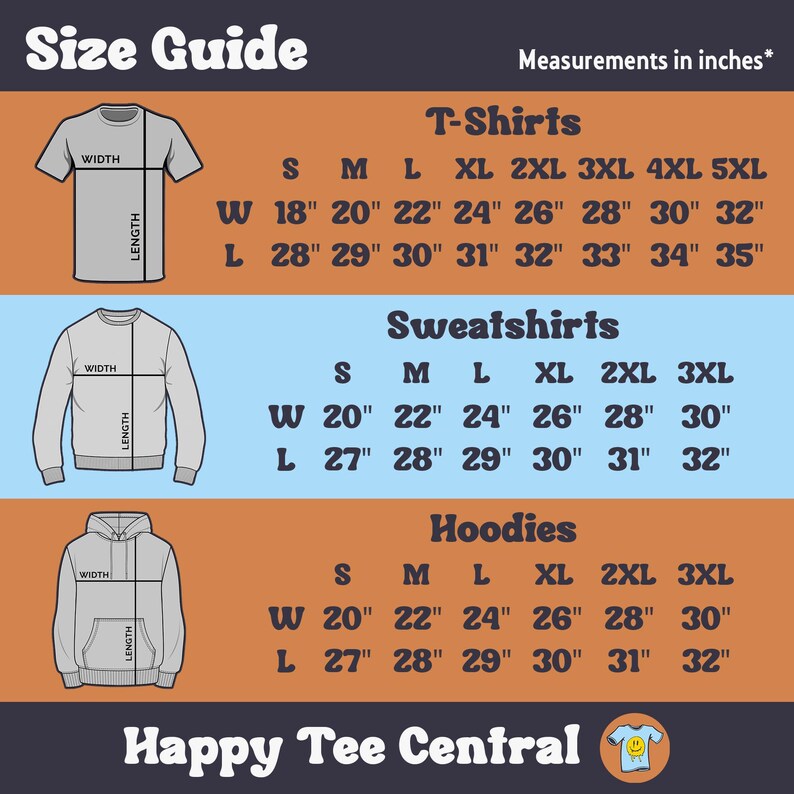 May include: Size guide for t-shirts, sweatshirts, and hoodies. Measurements are in inches. The chart shows width and length measurements for sizes S through 5XL.