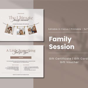 Family Photo Session Gift Certificate | Gift Voucher Template | Photography Gift Card Template | Canva Template | Editable | Printable 5x7