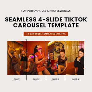 May include: A four-slide TikTok carousel template with 10 templates available on Canva. The template features a group of people in a dimly lit room with red walls and gold accents. The people are wearing stylish clothing and posing for the camera. The text "SEAMLESS 4-SLIDE TIKTOK CAROUSEL TEMPLATE" is displayed in bold, black letters at the top of the image. The text "10 CAROUSEL TEMPLATES | CANVA" is displayed in white letters on a brown rectangle below the title.