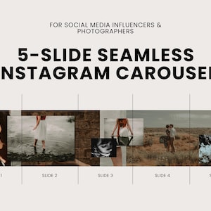 Peut inclure: Modèle de carrousel Instagram à cinq diapositives pour les influenceurs et les photographes des médias sociaux. Les diapositives présentent une variété d'images, notamment une femme à l'expression neutre, une femme en robe blanche, une femme en robe rouge, un couple debout dans un champ et un arrangement floral.