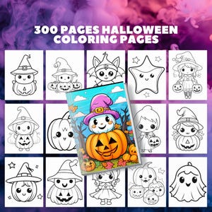 300 páginas para colorear de Halloween kawaii para niños, páginas para colorear de Halloween para niños, lindas páginas para colorear de fantasmas, páginas para colorear imprimibles
