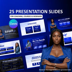 May include: A set of 25 presentation slides for coaching, courses, and webinars featuring a blue color scheme. The slides include text such as 25 PRESENTATION SLIDES, PAYMENT OPTIONS, Meet Your Coach, Hi, I'm Sarah, and WHY MOST COACHES STRUGGLE.