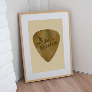 Poster "Feel Electric Guitar Pick", decorazione musicale gialla per la casa, stampa di musicisti, regalo per gli amanti della musica, arte di una band rock, arte murale alla moda ed elegante.