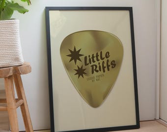 Little Riffs Guitar Pick poster, gold swirls art print, music wall decor, stars home decor, rock band design, trendy wall art, stylish decor