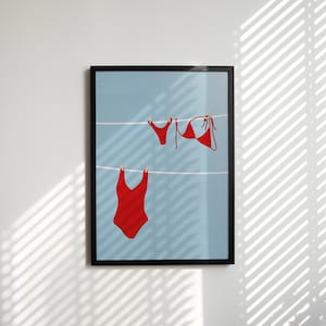 Beachwear in der Brise, Strand-Poster, Wandkunst, Badeanzug und Bikini, Sommer-Wanddekor