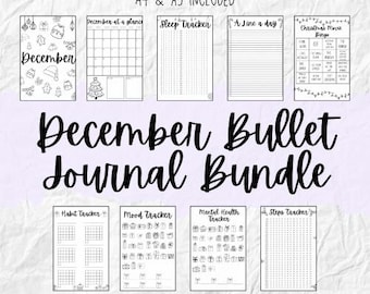 May include: A printable December bullet journal bundle with trackers for sleep, mood, mental health, steps, habits, and a Christmas movie bingo card. The bundle includes a December at a glance calendar, a line a day journal, and a habit tracker. The text "A4 & A5 INCLUDED" and "INSTANT DOWNLOAD" is included in the image.
