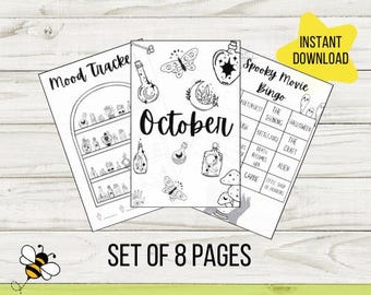 Afdrukbaar bulletjournaal oktober | Gewoonte-, stemmings- en dankbaarheidstrackers | Halloween-heksenthema, maandplannerpagina's