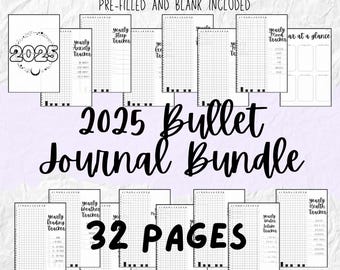 May include: A printable 2025 bullet journal bundle with 32 pages. The bundle includes pre-filled and blank pages for tracking sleep, anxiety, mood, weather, reading, and health. The text "2025 Bullet Journal Bundle" is in large, bold, black font. The text "32 Pages" is in large, bold, black font. The text "Instant Download" is in smaller, black font.